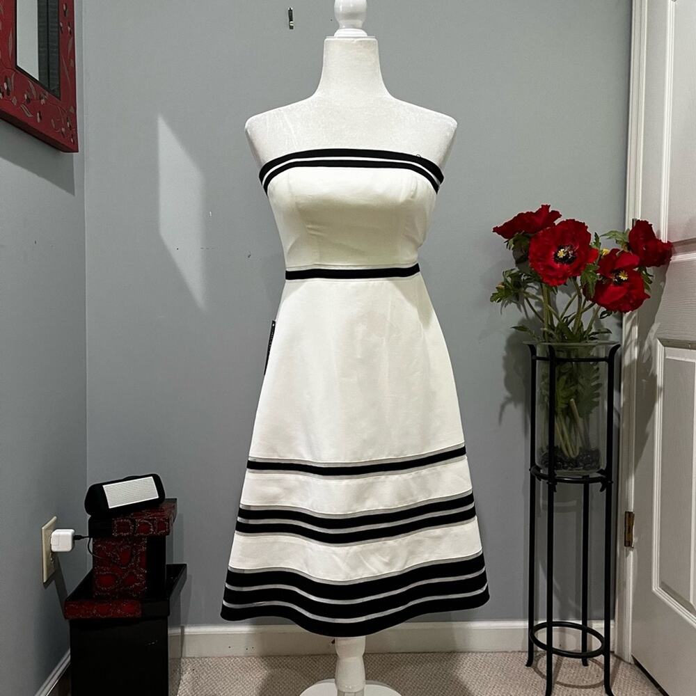 NEW Ann Taylor Silk Classic Structured Strapless Two-Tone Fit Flare Midi Dress - Picture 4 of 16